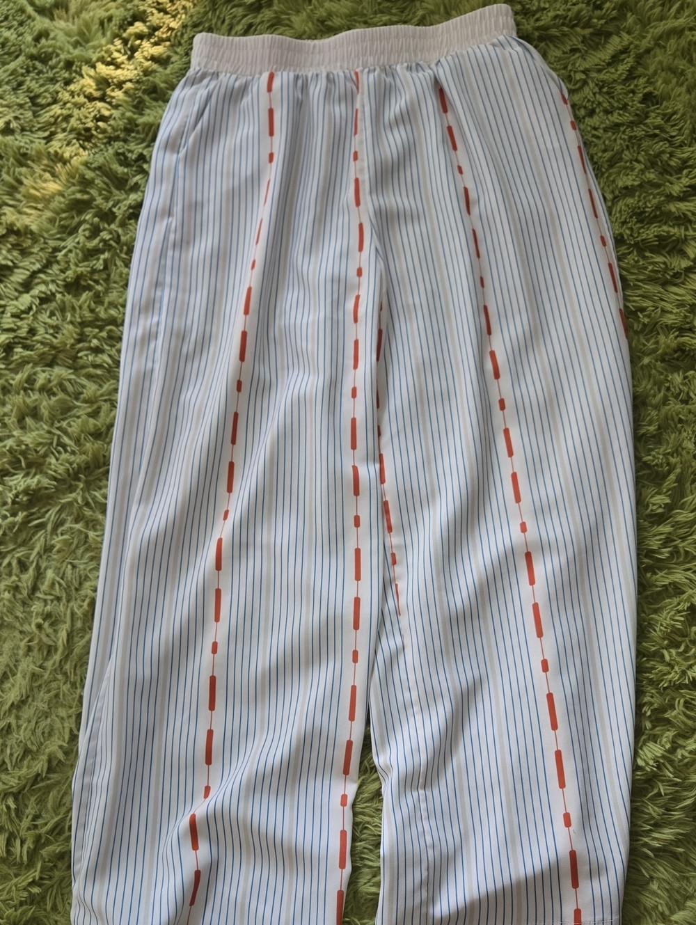 Women's White Pinstripe with Coral Stripe Elatic Waist.lounge Pants